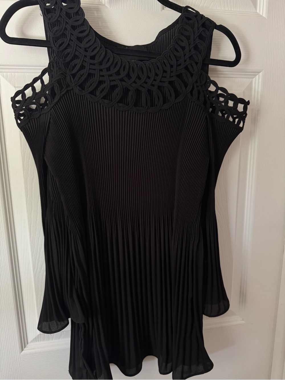 Frank Lyman Design Black Cold-Shoulder Pleated Tunic with Crochet Yoke